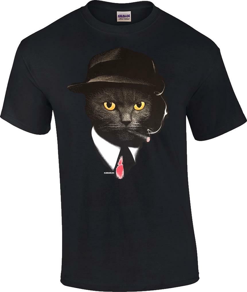 Funny Secret Agent Cat Hat Tie Cigar Mafia Novelty T-Shirt