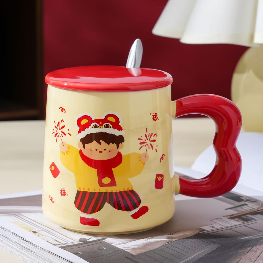 Kreative Neujahrs-Festbecher für Jungen und Mädchen, Keramiktasse mit Deckel und Löffel, süße Mädchentasse