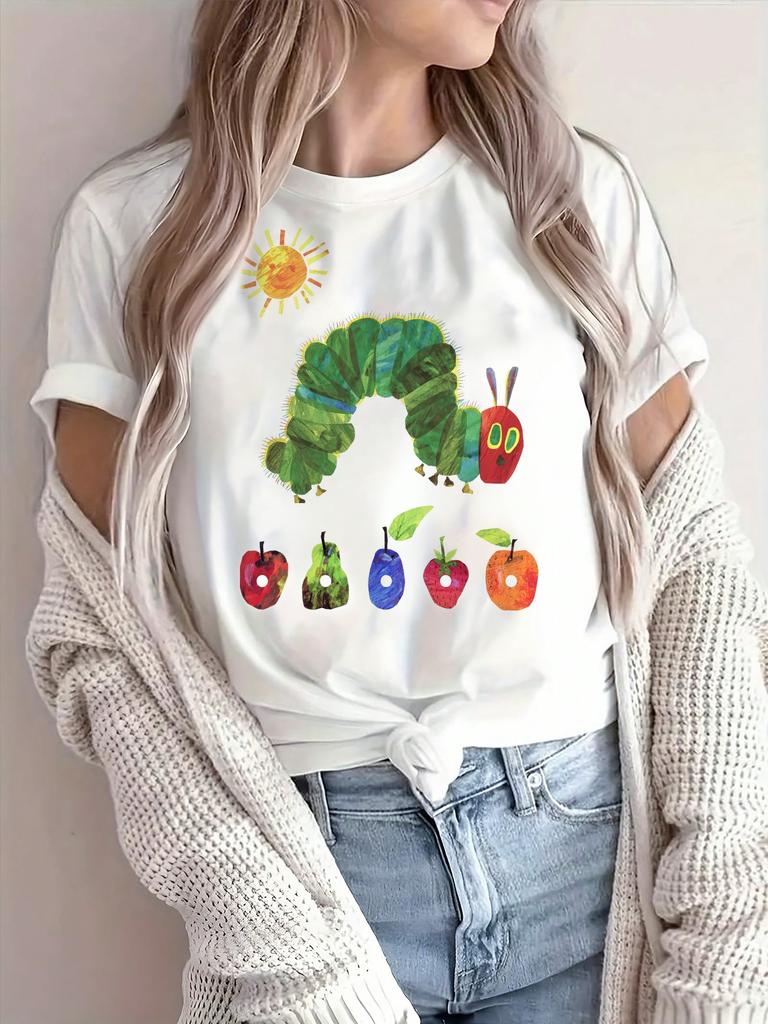 Women's Breathable Fruit & Insect Print T-Shirt - Casual Crew Neck Short Sleeve Top with Stretch Fabric