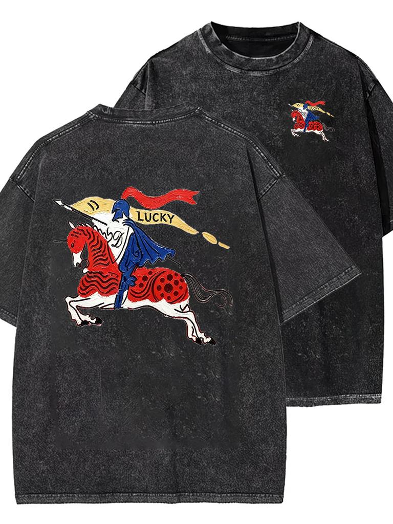 Vintage Knight Horse Graphic Washed T Shirt Women Retro Medieval Warrior Print Tee Harajuku Streetwear Casual Short Sleeve