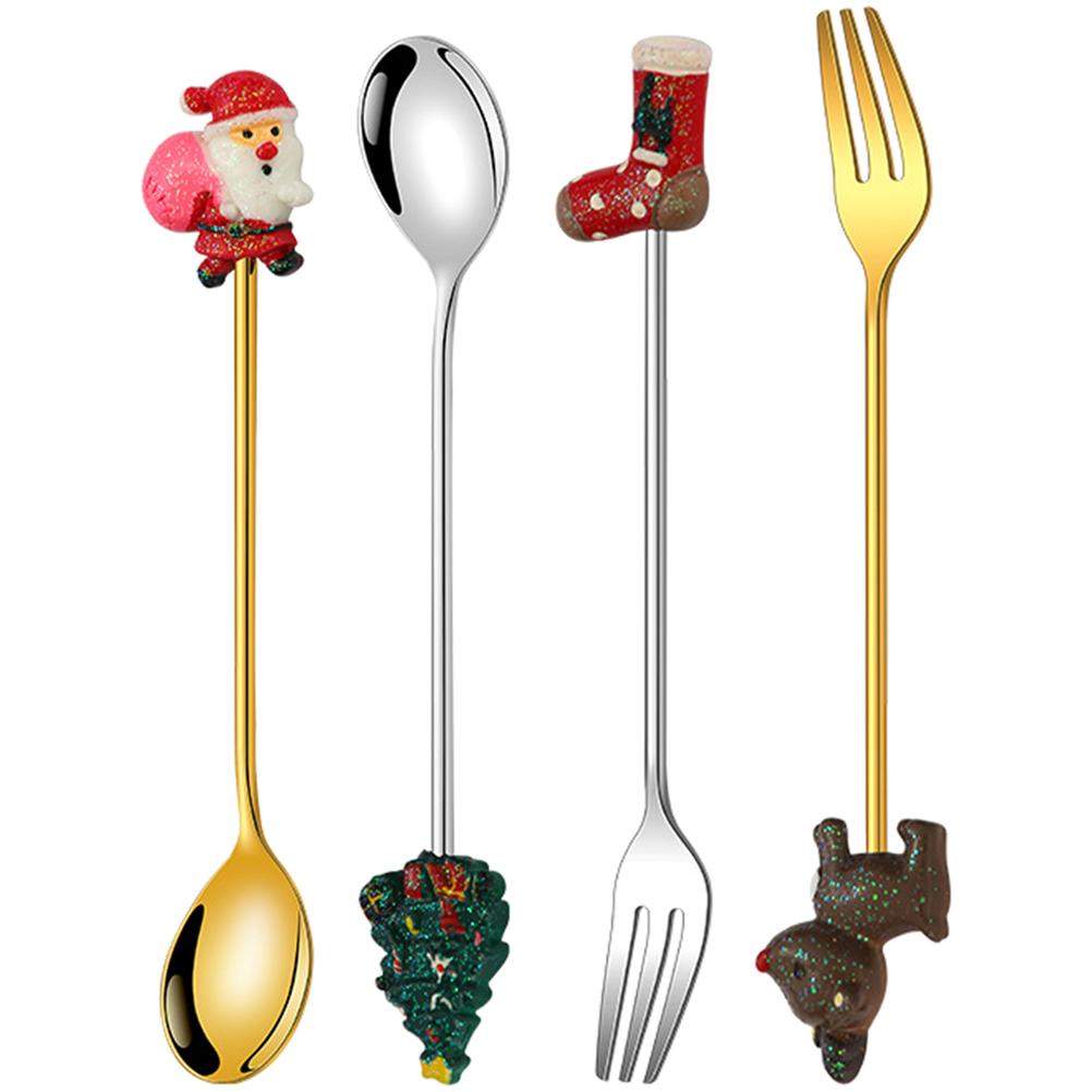 Stainless Steel Coffee Spoon Fork Christmas Cutlery Spoons Metal Dinnerware Party Tableware Gold Decor Food Xmas Themed