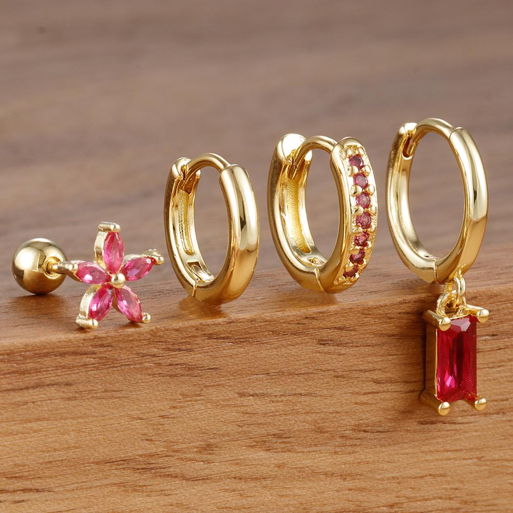 4PCS Exquisite Stainless Steel Flower Square Earrings Set for Women Gold Plated Huggie Dangle Earring Piercing Jewelry Aretes