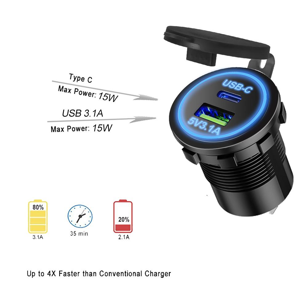 Waterproof Car USB Charger Socket, QC3.0 Quick Charge Marine Grade Charging Port with Type-C & USB-A, LED Panel for 12-24V Vehicle Boat