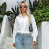 Women Shirt Lapel Puff Long Sleeve Solid Color Single-Breasted Shirt Tops Loose Fit Casual Tops Work Daily Wear