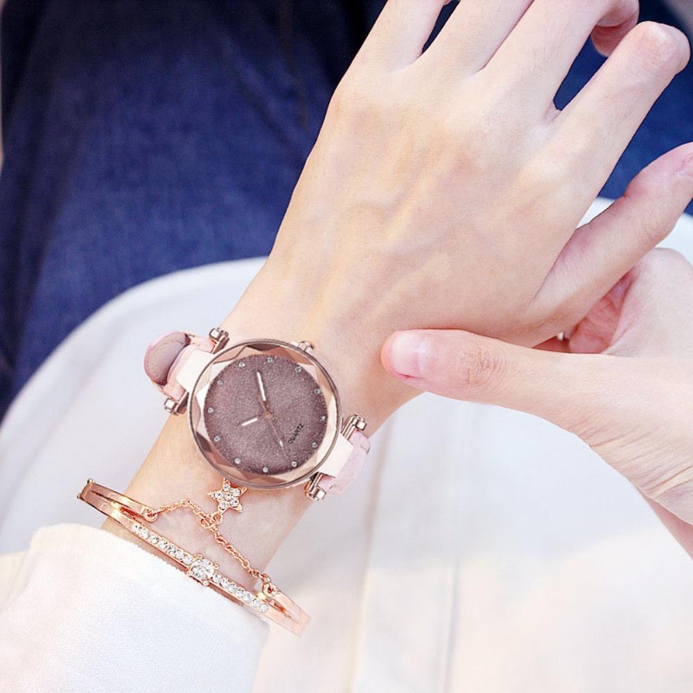 Montre Argent Rose Strass Cadran Montre Femme Bracelet Cuir Givré Tendance Casual Femme Ensemble Deux Pièces Montre