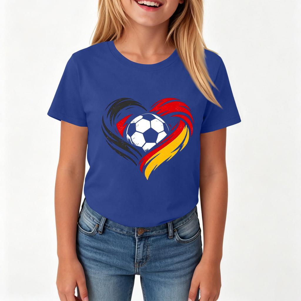Girls Casual Short Sleeve Crew Neck T Shirt with Soccer Ball and Heart Print Suitable for Everyday Wear and Outdoor Activities