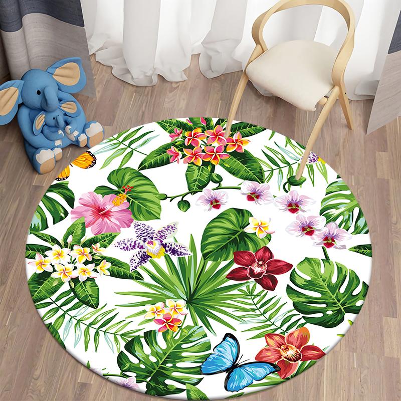 Green Tropical Plant Leaf Pattern Round Rug Living Room Bedroom Decorative Mat Children 'S Rug Anti -Slip Doormat Area Rug