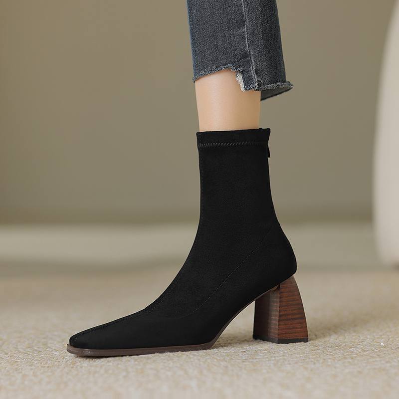 Krazing Pot Flock Winter Square Toe Grosso Salto Alto Zíper Stretch Botas Stovepipe Mulheres Botas de Cano Baixo