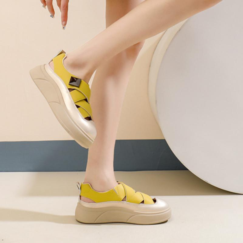 Trendy Casual Single Shoes 2024 Summer New Cross Strap Breathable Hollow Thick Sole Versatile Daily Women's Vulcanized Shoes