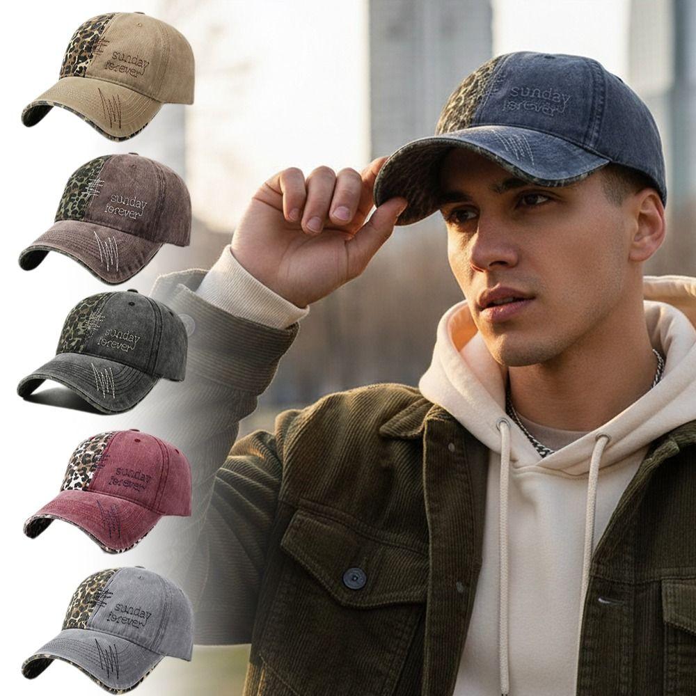 Sunday Foreve Embroidered Leopard Patchwork Baseball Cap Distressed Hip Hop Peaked Cap Washed Cotton Sunscreen Trucker Hat