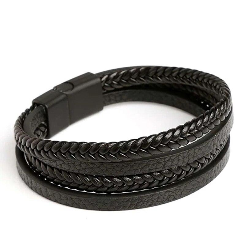 21cm Trendy Leather Bracelets Men Stainless Steel Multilayer Braided Rope Bracelets For Male Bracelets Jewelry