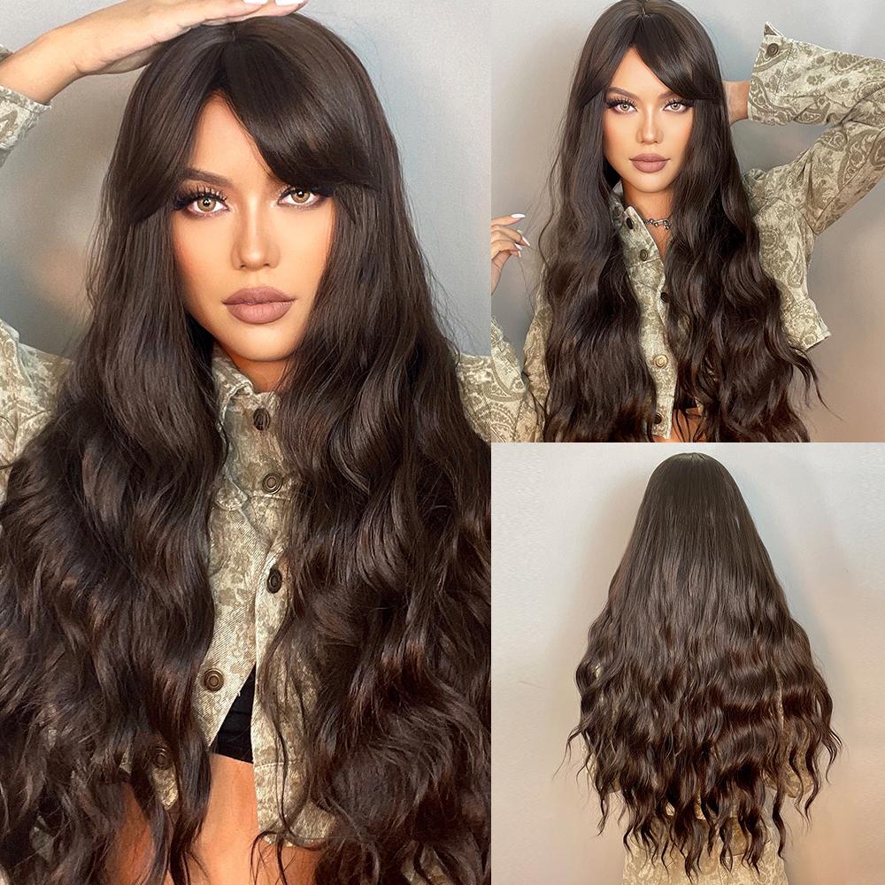 LOUIS FERRE Long Platinum Wave Synthetic Wig for White Women Ombre Light Blonde Wigs With Bangs Daily Cosplay High Temperature