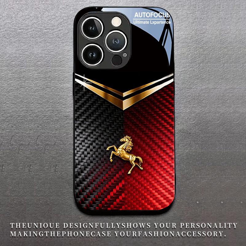 Coque de téléphone en verre Cheval d'or Noir et Rouge Convient pour iPhone 17 16 15 14 13 12 11 Pro/Max/Plus Anti-Chute et Anti-Choc