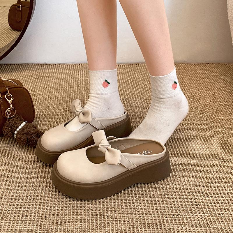 Retro bow heightened thick-soled bag head slippers for women's summer wear 2025 new one-pedal Mary Jane half slippers