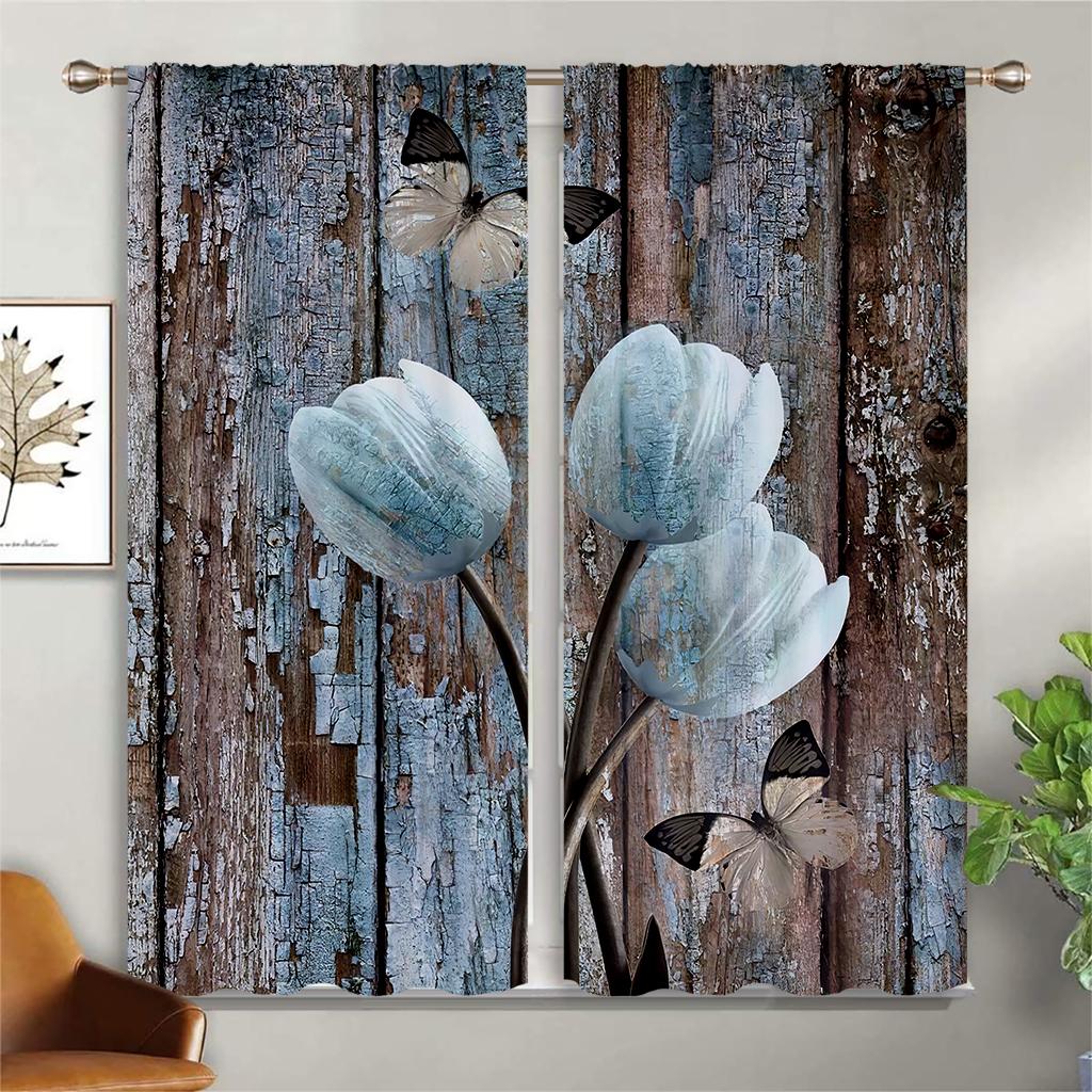 Vintage Wood Grain Floral Print Curtains With Rod Pockets For Bedroom Living Room Study Room Decorative Curtains Home Decor