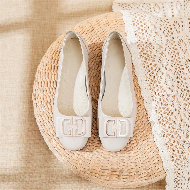Spring PU Leather Shallow Mouth Round Head Women's Single Shoes Mid-heel Comfortable Mother Dancing Shoes Work Women's Shoes