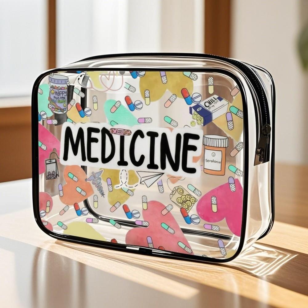 Portable Transparent Toiletry Handbag Waterproof PVC Cosmetic Pouch Single-Sided Print Zipper USB Storage Bag Travel Use