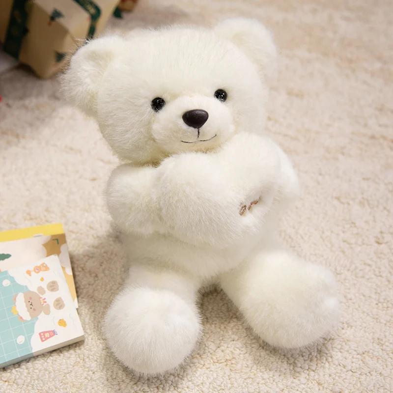 30cm Adorable Ours en Peluche Jouets Kawaii Ours Tenant un Cœur Mignon Ours avec Écharpe Nœud Papillon Animal Doux Rembourré Oreiller Cadeau Saint-Valentin