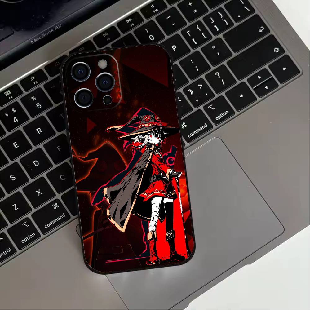 Megumin Anime K-KonoSubaS Phone Case For iPhone 17,16,15,14,13,12,11 Plus,Pro Max,XS,Soft Silicone Black Cover