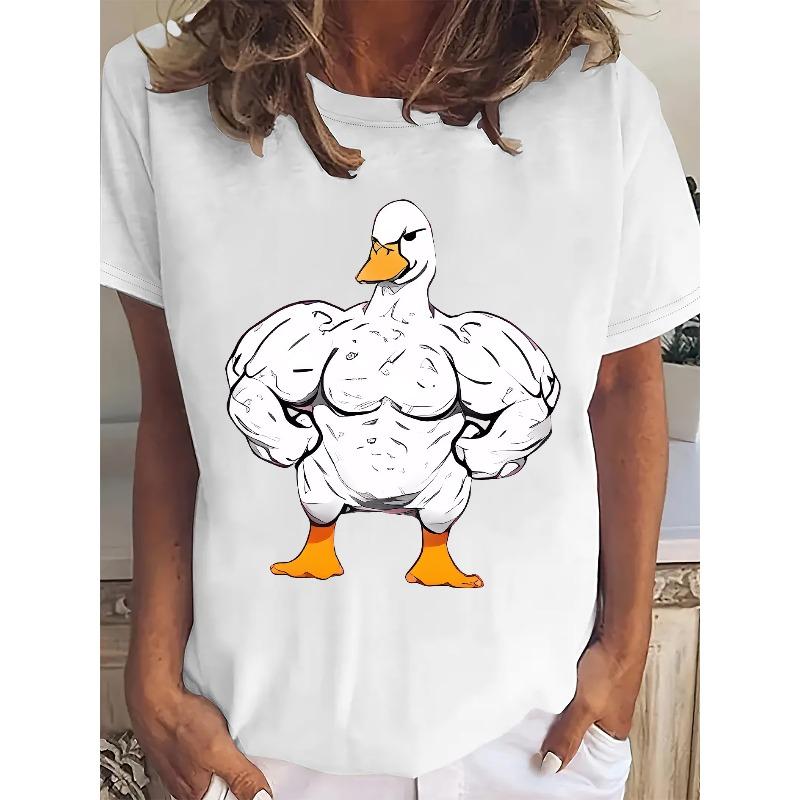 Women Muscular Duck Print T-Shirt Crew Neck Short Sleeve Casual Graphic Tee Top