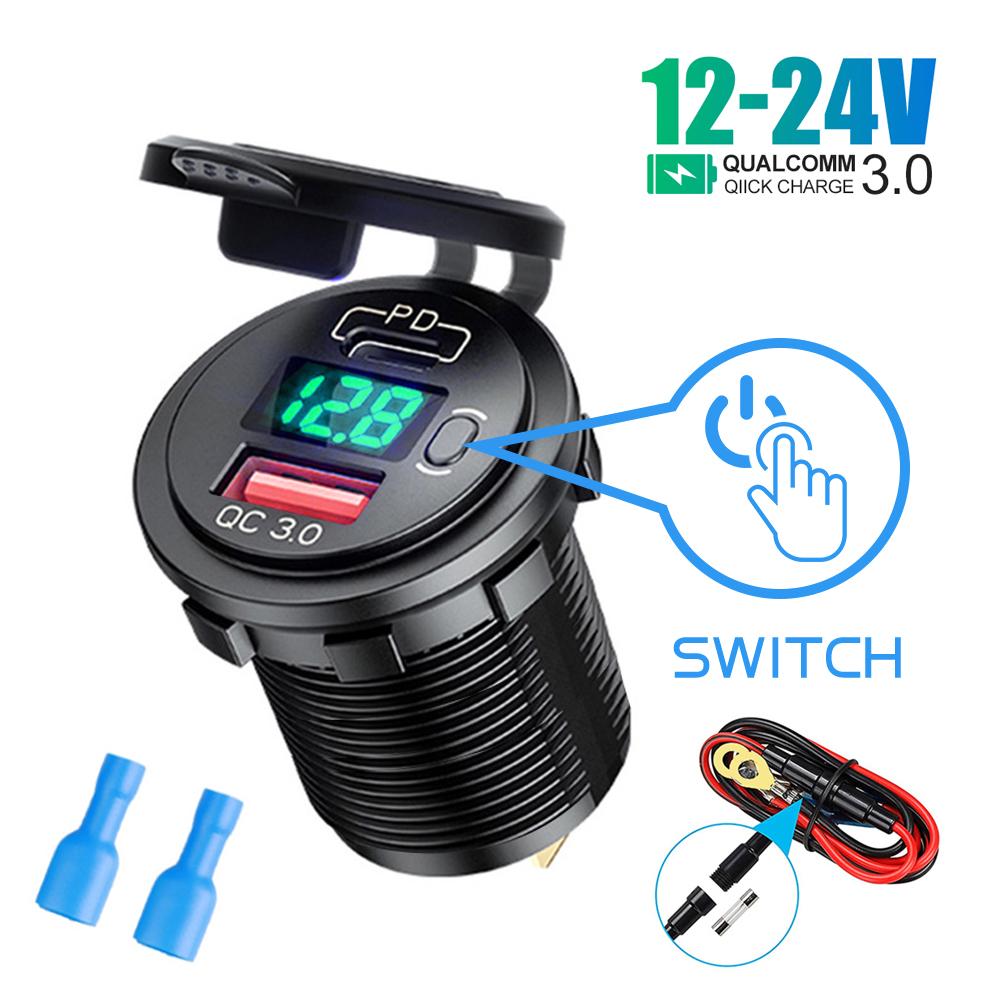 PD Type C/QC 3.0 USB Charger with Switch Socket Power Outlet Adapter Waterproof For 12V 24V Car Truck Boat RV Motorcycle