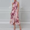 Spring New, European and American Women's Clothing, Fashionable and Elegant Printed Fungus Edge Sleeveless Dress
