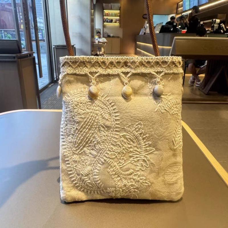 Shell Tassel Pendant, Jacquard Embroidery Linen Bag, Literary Jute Mobile Phone, Mini Crossbody Vertical