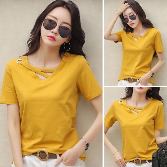 Women Solid Color V Neck Short Sleeve Loose T-shirt Summer Casual Blouse Tee Top