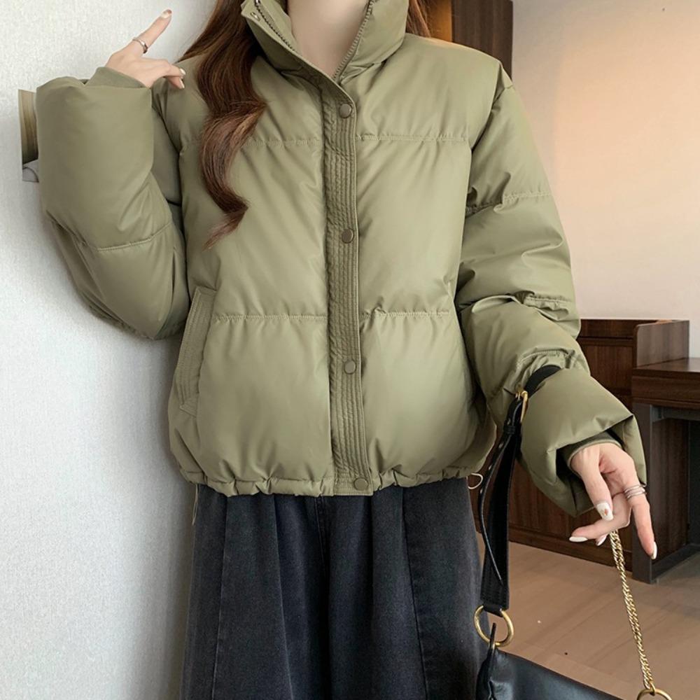 Damen Stehkragen Langarm Cropped Daunenjacke Lockere Passform Lässig Winter Warm Gepolsterter Mantel