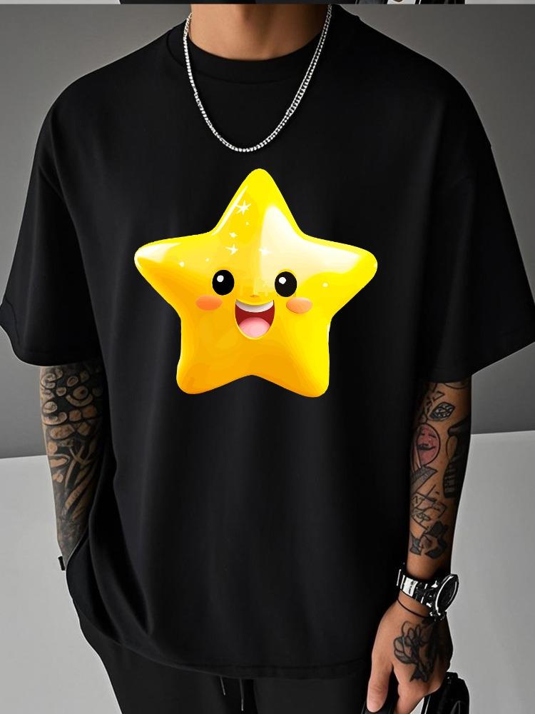Unisex White Short Sleeve Summer Fashion Tee Shiny Smiling Yellow Cartoon Star Graphic Crew Neck Loose Casual Male Daily Tops