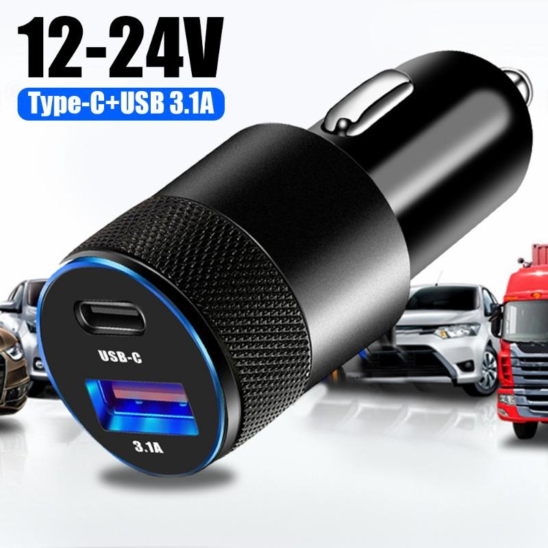 Charge Rapide 15W DC12-24V Type-C USB3.1A Double Sortie Chargeur de Voiture Universel USB+PD avec Affichage LED Translucide pour Voitures 12V-15V