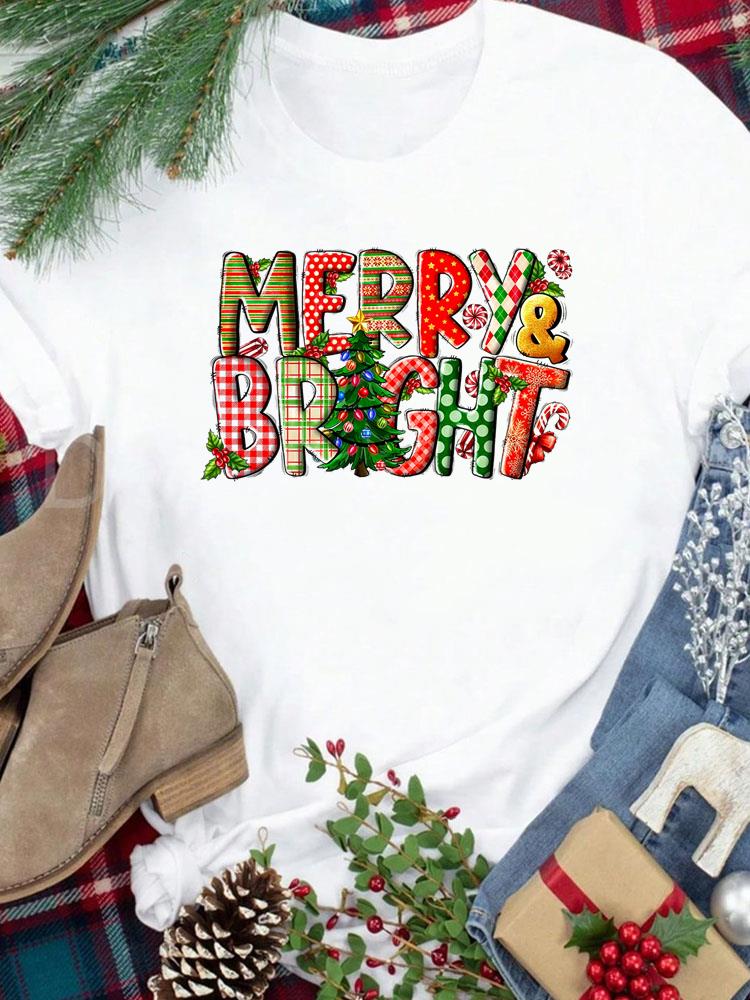 (Asian Size) New Year festival Women Print Holiday Tee Top Merry Christmas letter style cute Casual Lady Short Sleeve Fashion Graphic T-shirts