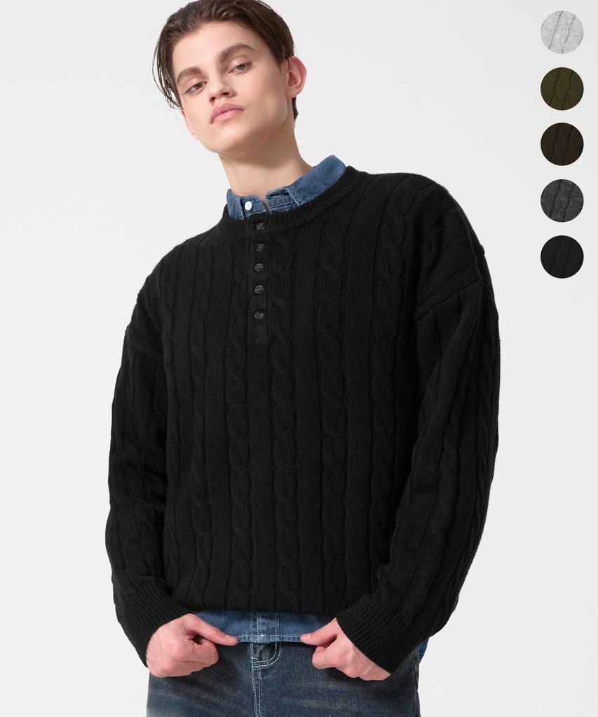 TRILLION Semi-Crop Henley Neck Cable Knit_5Color