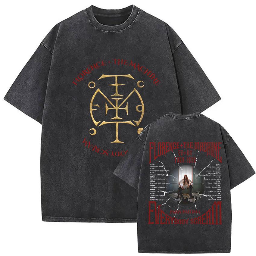 Vintage Washed Florence The Machine Everybody Scream Tour 2026 T Shirt Men Women Aesthetic Oversized Cotton Tshirt Streetwear
