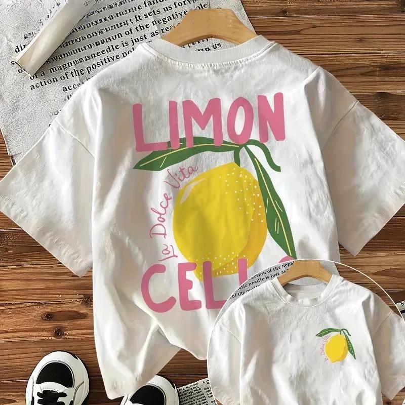 Womens Black Short Sleeved Round Neck Tshirt LIMON Cello Pattern Printed Lemon Slice Design Casual Top