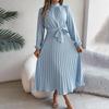 Autumn Winter Women Long Sleeve Solid Pleated High Waist A Line Stand Collar Long Dress S-XXXL