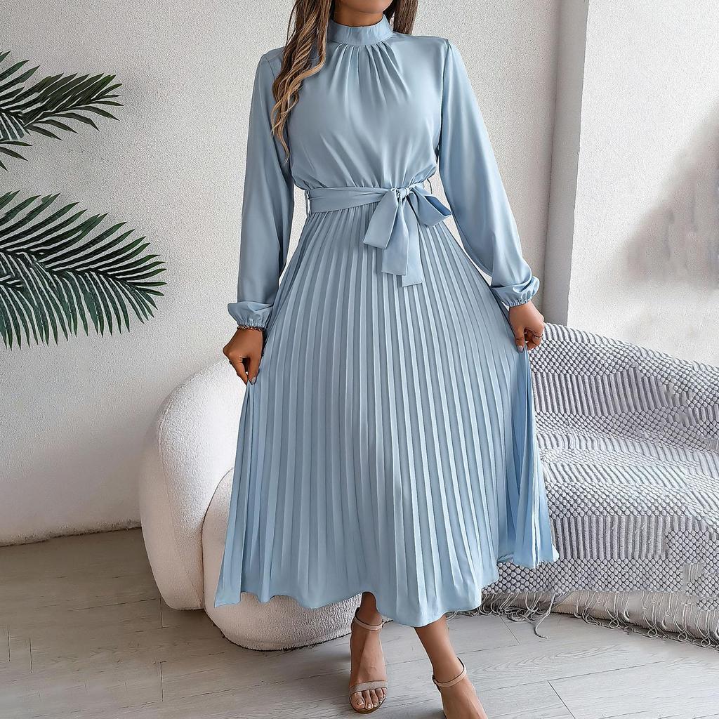 Autumn Winter Women Long Sleeve Solid Pleated High Waist A Line Stand Collar Long Dress S-XXXL