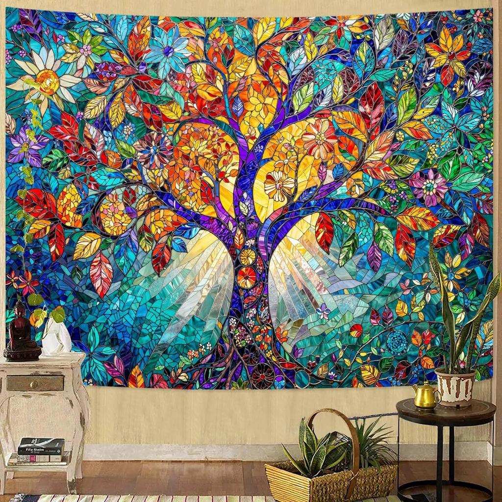 VIKAMA Painted Glass Tree of Life Tapestry Vintage Colorful Leaves Bohemian Art Style Living Room Room Home Decoration