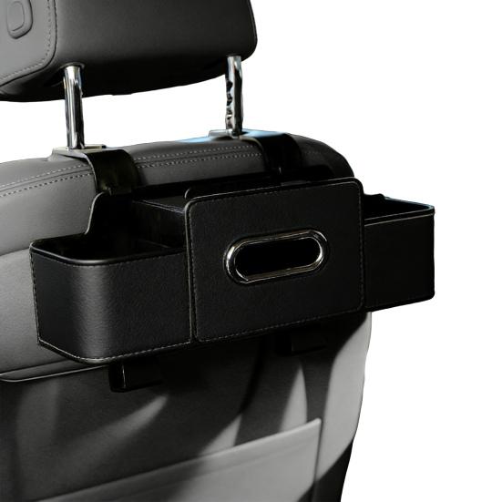 3-in-1 automobilio galinės sėdynės organizatorius Daugiafunkcinė galinės sėdynės laikymo dėžutė su 2 puodelių laikikliais, servetėlių dėžute ir kabliukais telefonams, užkandžiams, gėrimams, rankinėms laikyti