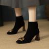 European and American Thick Heel Square Head Metal Buckle Rear Zipper Short Boots High Heel Thin Martin Boots Retro Matte High Heel Single Boots