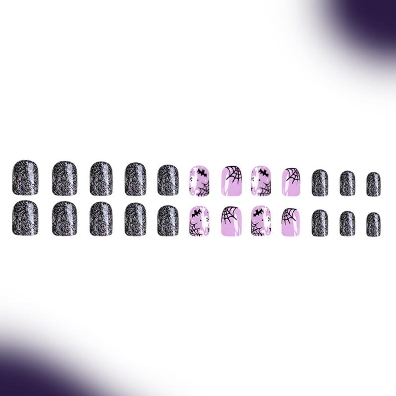 Halloween Nails 24PCS Cobweb Nails Art With Bat Wing False Nails For Costume Event