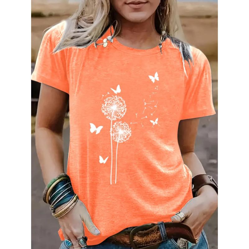 Women's Dandelion Patterned Round-neck Short-sleeved Casual and Fashionable T-shirt