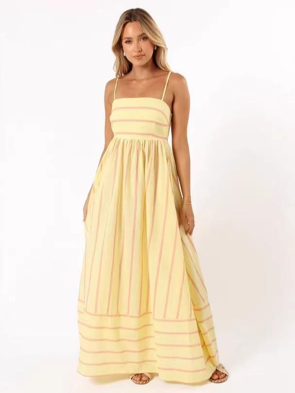 Spring/Summer 2024 Striped Off-Shoulder Wide-Hem Camisole Dress - Fresh Casual Vacation Style