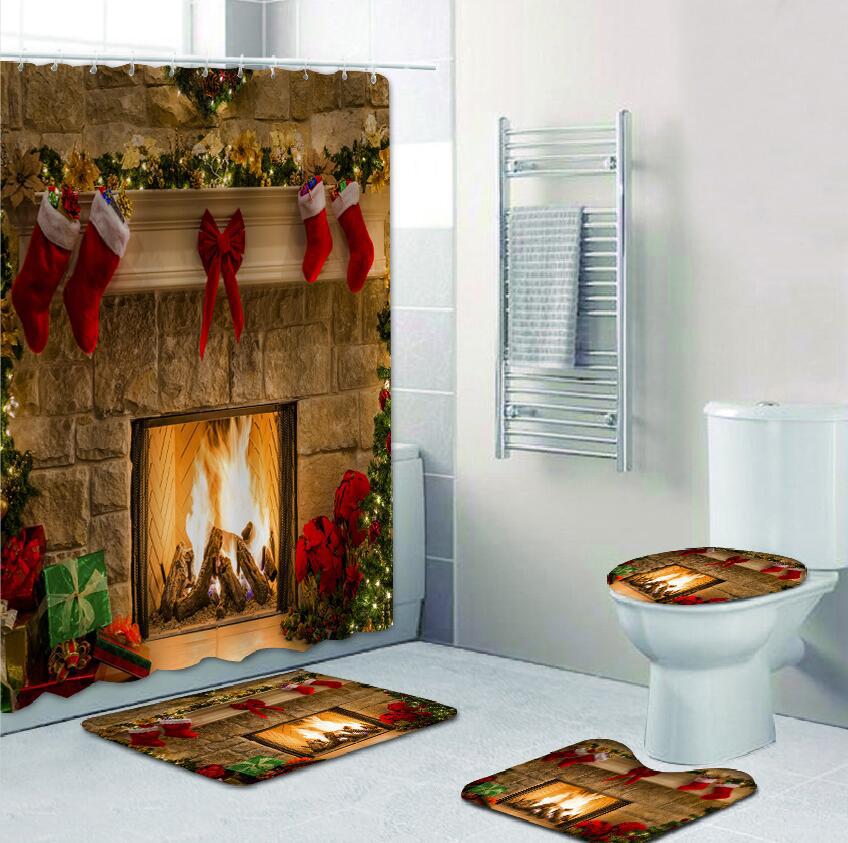 Yeni Noel Ağacı 3D Baskı Duş Perdesi Polyester Su Geçirmez Kırmızı Çan Zemin Mat Tuvalet Seti Banyo Aksesuarları Küf Geçirmez