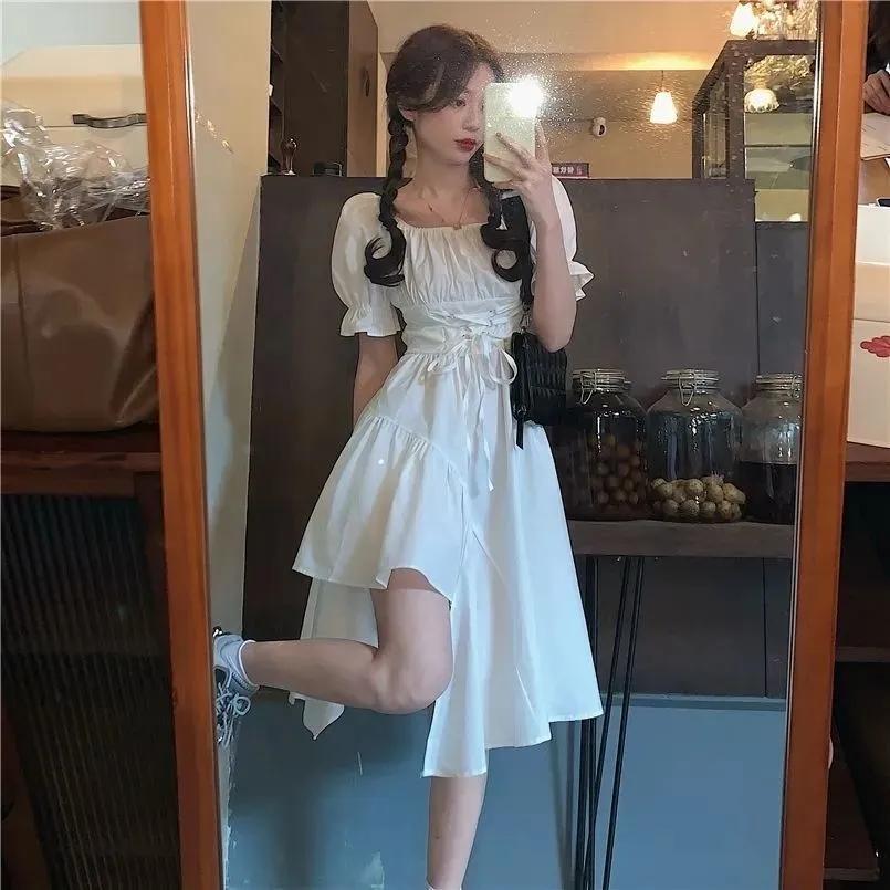 WTEMPO Rochie albă pentru femei de vară, elegantă, vintage, Kawaii, cu mâneci bufante, rochie midi, guler pătrat, bandaj, rochie de soare, ținute gotice