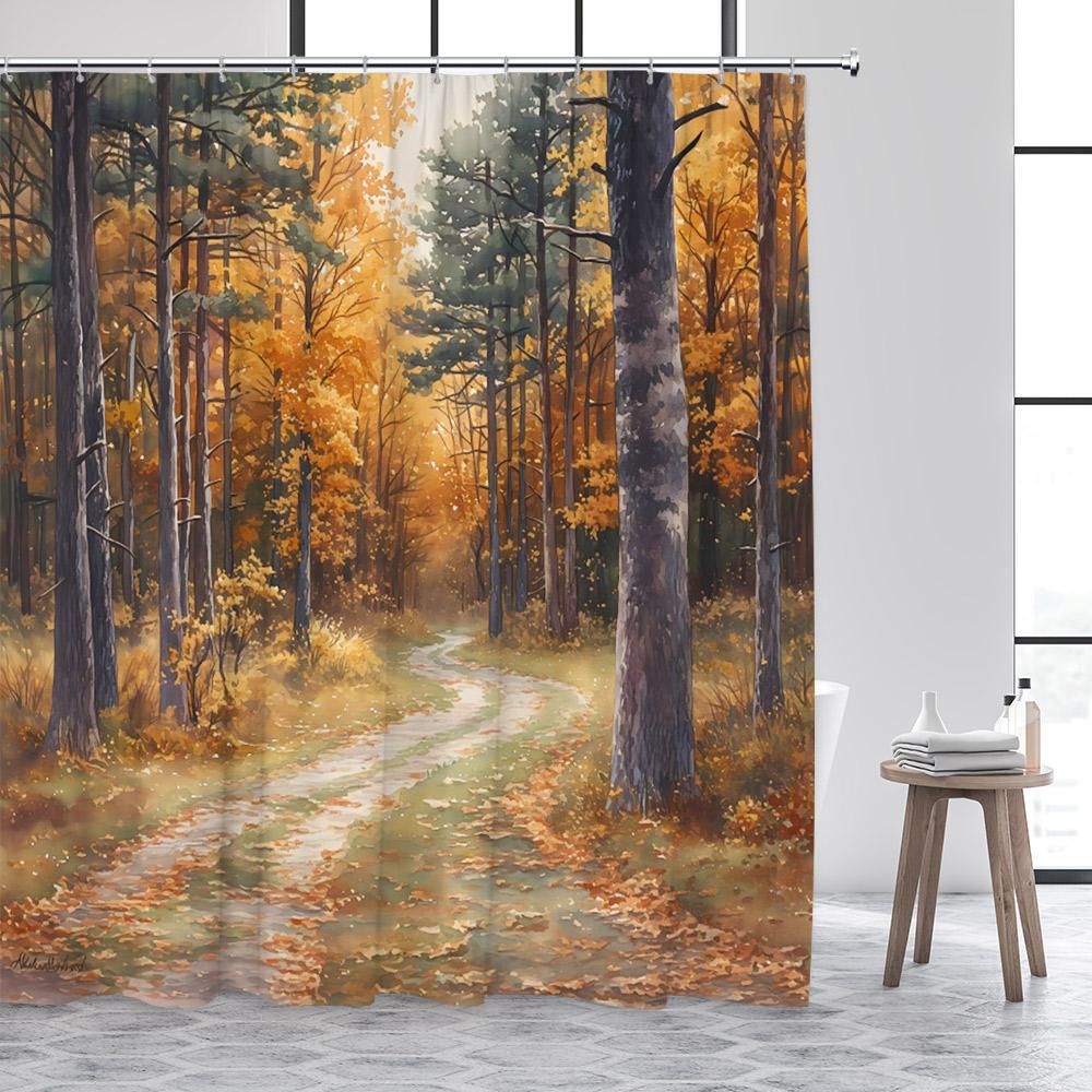 Autumn Forest Shower Curtains Red Maple Trees Falling Leaves Road Fall Landscape Fabric Home Bathroom Curtain Decor With Hooks