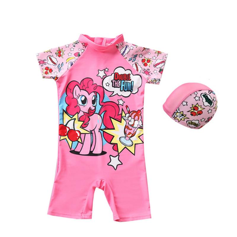Baby Kids Girl Cartoon Lovely Pink Horse Swimming Suit with Hat