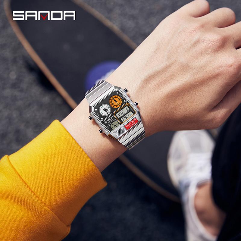 SANDA 3192 Men's Digital LED Watch Square Dial Dual Display Multi-functional Temperature Measurement Sporty Male Wristwatch Gift