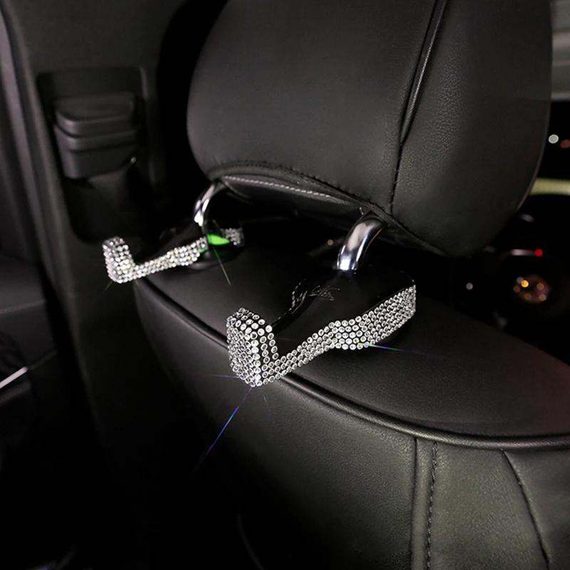 2pcs Diamond Crystal Car Seat Headrest Hanger Bag Hook Holder for Bag Purse Cloth Auto Fastener Clip Bling Car Accessories