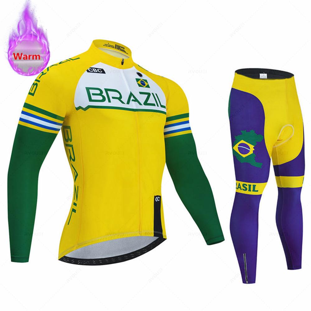 Brazil Winter Thermal Fleece Cycling Jersey Set Sports Team Bike Suit Mountian Bicycle Clothing Ropa Ciclismo Invierno Hombre